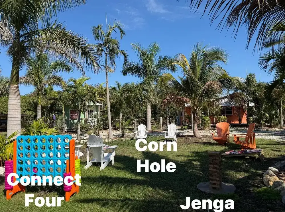 Giant Connect Four, cornhole and Jenga set up on the lawn