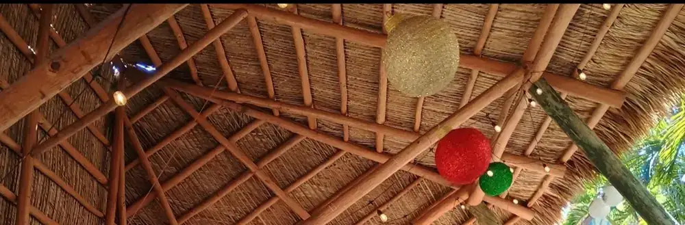 The thatched tiki hut roof strung with lights